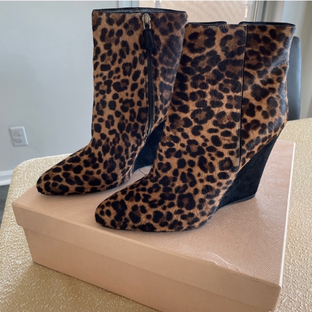 Brand New Prada Genuine Pony Hair Leopard Pattern Booties In Original Box